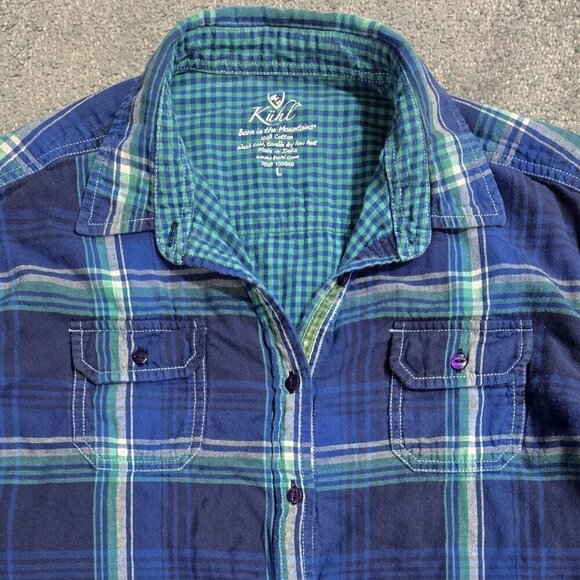 Kuhl 100% Cotton Blue Plaid Button-Up Shirt Flap Pockets Cabincore Gorpcore - Picture 4 of 10